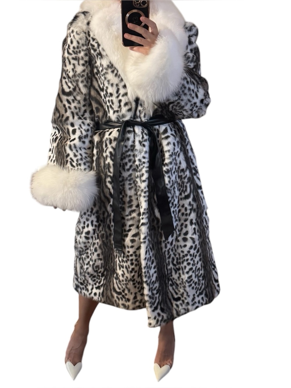 Luxury White & Black Leopard Print rabbit Fur Coat with White fox Collar - Picture 5 of 16